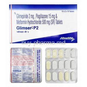 Glimser-P, Glimepiride and Metformin 2mg box and tablets