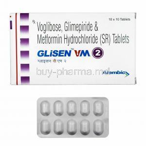Glisen VM, Glimepiride, Metformin and Voglibose 2mg box and tablets