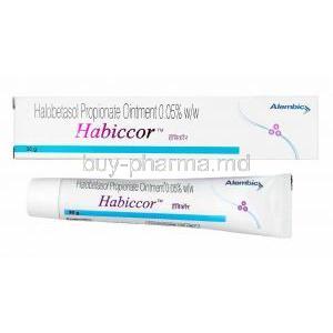 Habiccor Ointment, Halobetasol box and tube