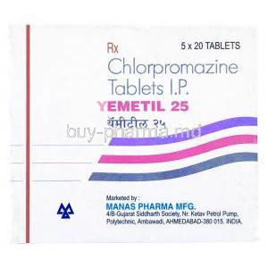 Yemetil, Chlorpromazine tablets I.P. 25 mg 5 x 20 tabs, box front presentation