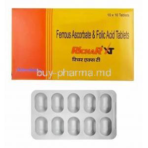 Richar XT, Iron and Folic Acid box and tablets