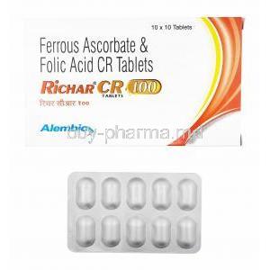 Richar CR, Iron and Folic Acid box and tablets