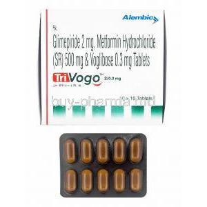 Trivogo, Glimepiride 2mg. Metformin 500mg and Voglibose 0.3mg box and tablets