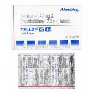Tellzy-CH, Telmisartan 40mg and Chlorthalidone 12.5mg box and tablets