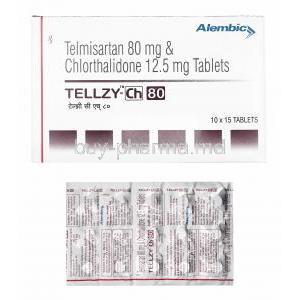 Tellzy-CH, Telmisartan 80mg and Chlorthalidone 12.5mg box and tablets