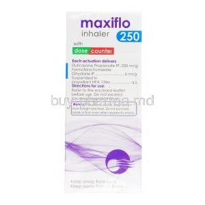 Formoterol fumarate/Fluticasone propionate Inhaler, maxiflo inhaler, 250mcg 120 doses, box side view with information