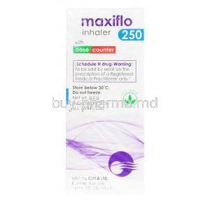 Formoterol fumarate/Fluticasone propionate Inhaler, maxiflo inhaler, 250mcg 120 doses, box side