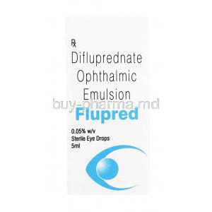 Durezol, Flupred, Difluprednate Ophthalmic Emulsion Eyedrops, 0.05% 5ml, Box front presentation