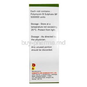 Polymyxin B Sulphate Injection, POLY-B 500000 Units IM/ IV / Intrathecal, Samarth, box with information