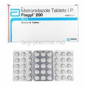 Flagyl, Metronidazole 200mg box and tablets