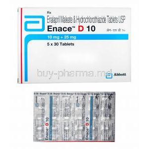 Enace D, Enalapril and Hydrochlorothiazide 10mg box and tablets