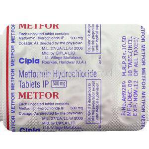 Metfor, Generic Glucophage,  Metformin Tablet Packaging