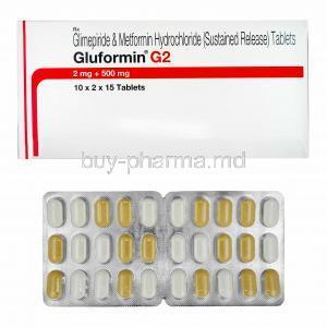 Gluformin G, Glimepiride 2mg and Metformin 500mg box and tablets