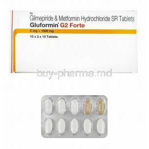 Gluformin G, Glimepiride 2mg and Metformin 1000mg box and tablets