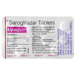 Lipaglyn, Saroglitazar tablets 1 x 10 tablets, Zydus Discovery, Blister pack back presentation