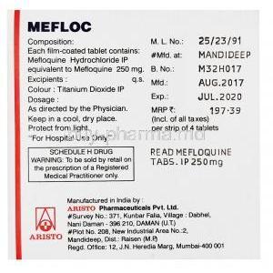 Mefloquine Hydrochloride 250mg, Mefloc, Aristo, Box back presentation with information