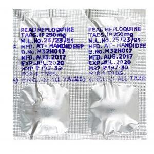 Mefloquine Hydrochloride 250mg, Mefloc, Aristo, blister pack back presentation