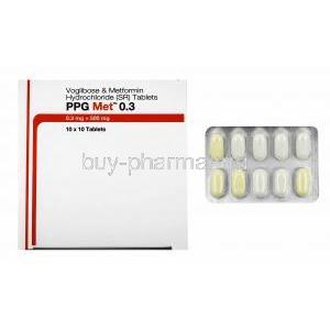 PPG Met, Metformin and Voglibose 0.3mg box and tablets