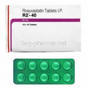 R2, Rosuvastatin 40mg box and tablets