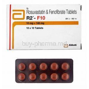 R2-F, Fenofibrate and Rosuvastatin 10mg box and tablets