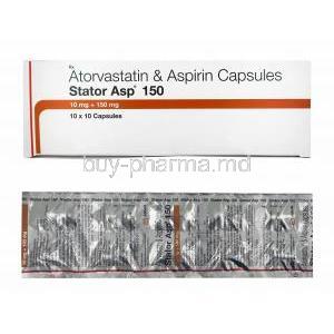 Stator Asp, Atorvastatin and Aspirin 150mg box and capsules