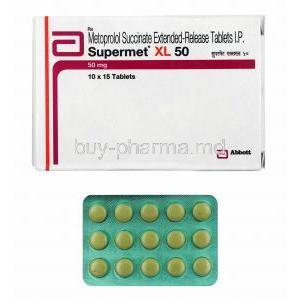 Supermet XL, Metoprolol Succinate 50mg box and tablets