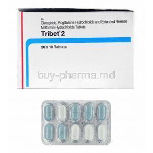 Tribet, Glimepiride, Metformin and Pioglitazone 2mg box and tablets