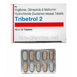 Tribetrol, Glimepiride 2mg, Metformin 500mg and Voglibose 0.2mg box and tablets