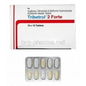 Tribetrol, Glimepiride 2mg, Metformin 500mg and Voglibose 0.3mg box and tablets