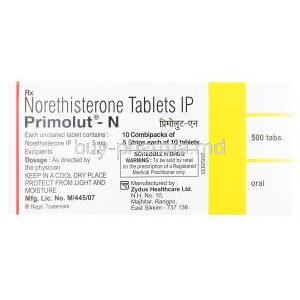 Norethisterone tablets IP, Primolut-N, 5mg, 500 tabs, box front presentation