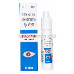 Dexamethasone/ Ofloxacin Ophthalmic Solution Eye Drops 10mL, Oflox-D Cipla, Box and bottle front presentation