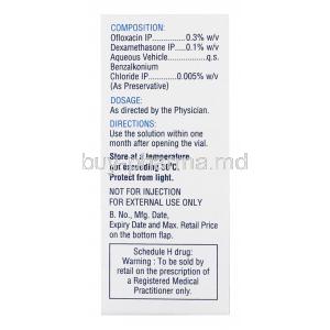 Dexamethasone/ Ofloxacin Eye Drops, ZO-D with Lubifilm, 5ml, box back presentation with information