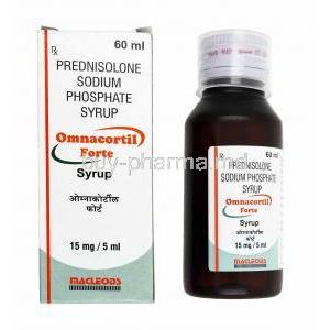 Omnacortil Forte Syrup, Prednisolone box and bottle