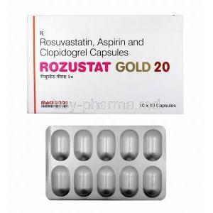 Rozustat Gold, Aspirin, Rosuvastatin and Clopidogrel 20mg box and capsules