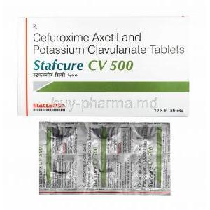 Stafcure CV, Cefuroxime and Clavulanic Acid 500mg box and tablets