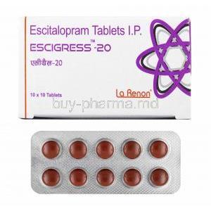 Escigress, Escitalopram 20mg box and tablets