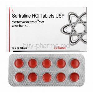 Sertagress, Sertraline 50mg box and tablets