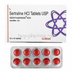Sertagress, Sertraline 100mg box and tablets