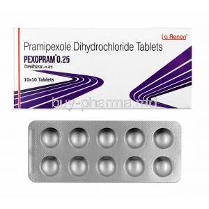 Pexopram, Pramipexole 0.25mg box and tablets