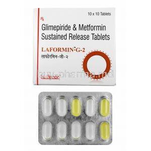 Laformin-G, Glimepiride and Metformin 2mg box and tablets