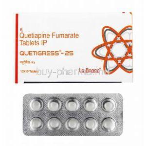 Quetigress, Quetiapine 25mg box and tablets