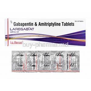 Laregab AT, Gabapentin and Amitriptyline box and tablets