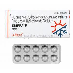 Zinepra, Propranolol and Flunarizine 5mg box and tablets