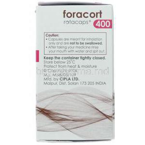 Foracort 400, Generic  Symbicort,  Formoterol Fumarate/ Budesonide Rotacaps Box Manufacturer Information