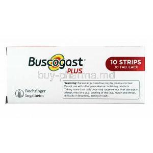 Buscogast Plus, Hyoscine butylbromide and Paracetamol box side