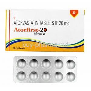Atorfirst, Atorvastatin 20mg box and tablets