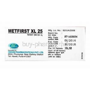 Metfirst XL, Metoprolol Succinate 25mg box side