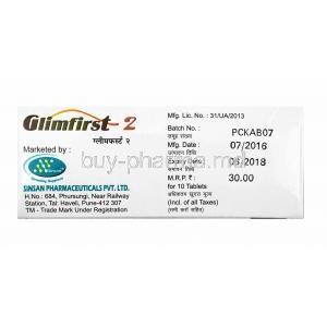 Glimfirst, Glimepiride 2mg box side