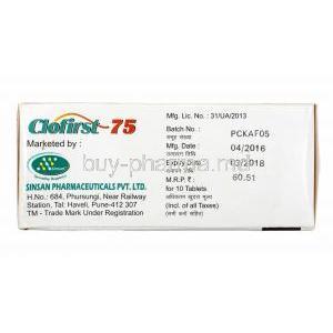 Clofirst, Clopidogrel 75mg box side