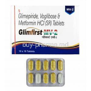 Glimfirst MV, Glimepiride 2mg, Metformin and Voglibose box and tablets